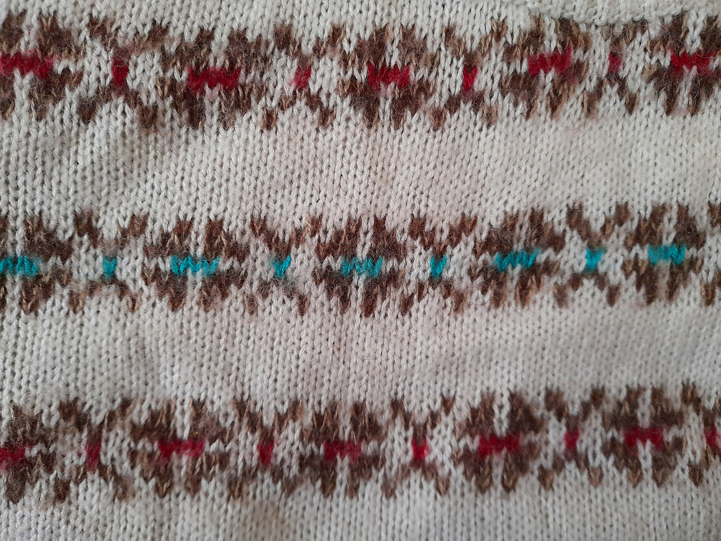 Vintage 80s White Brown Red Green Geometric Stripe Knit Jumper