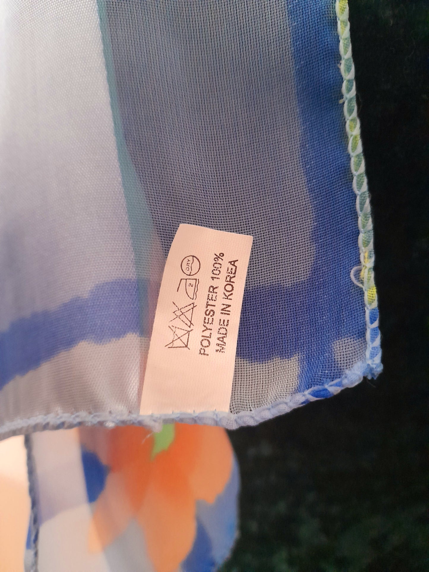 Vintage 80s Retro Blue Orange Flower Chiffon Satin Scarf