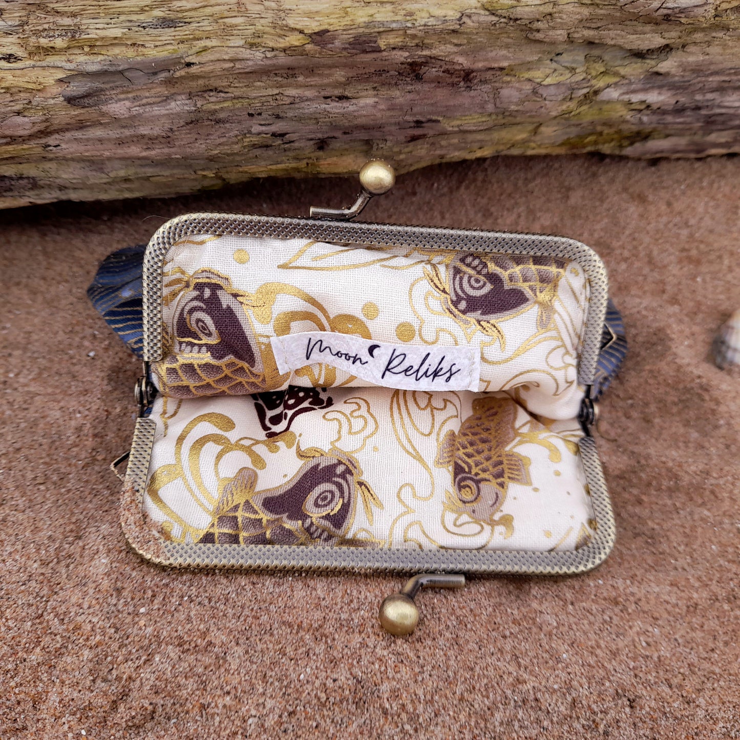 Lighthouse In A Storm Blue Gold Wave Cotton Clasp Wallet