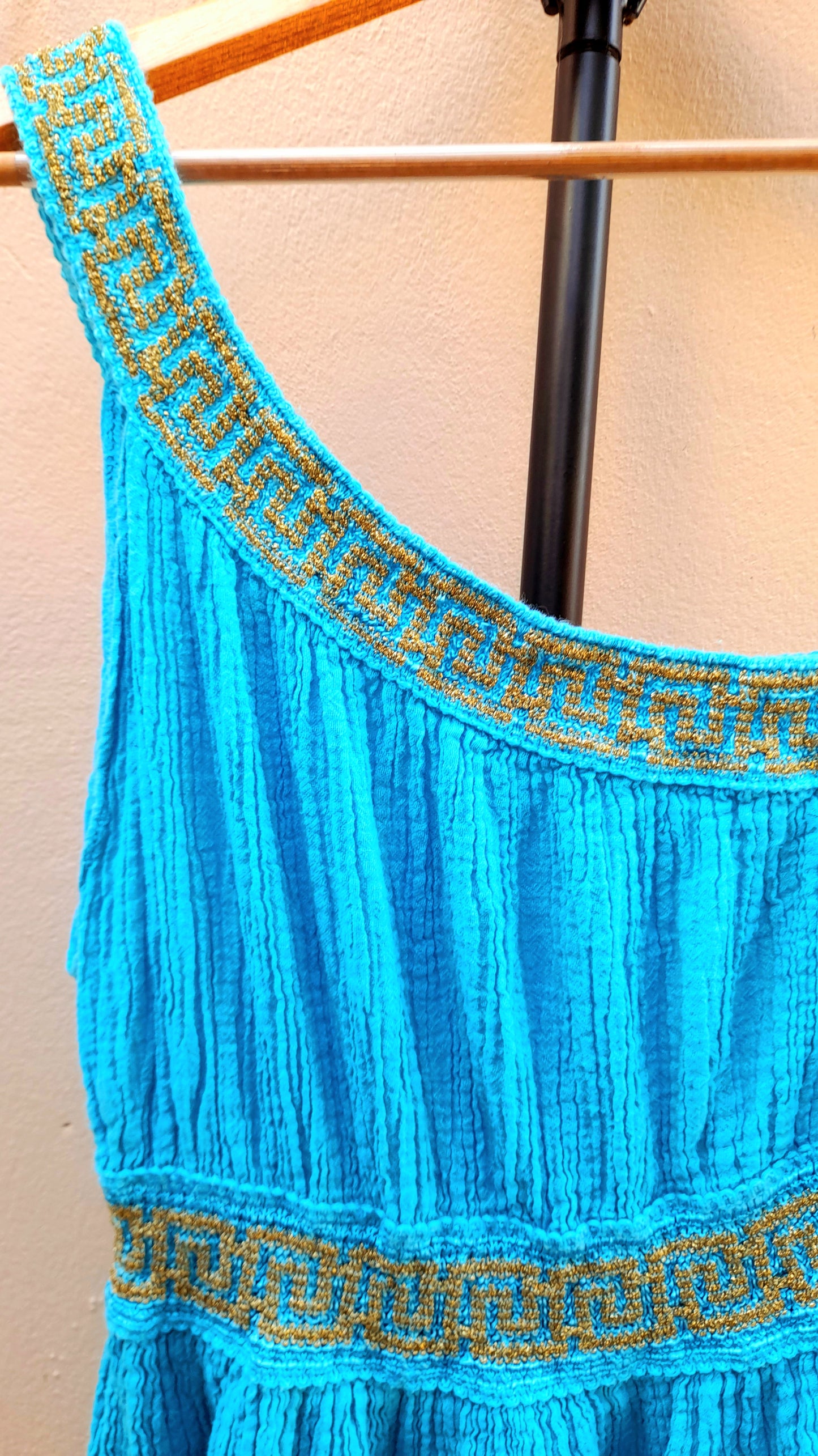 Turquoise Gold Embroidered Grecian Style Asymmetric Vintage Cotton Mini Dress