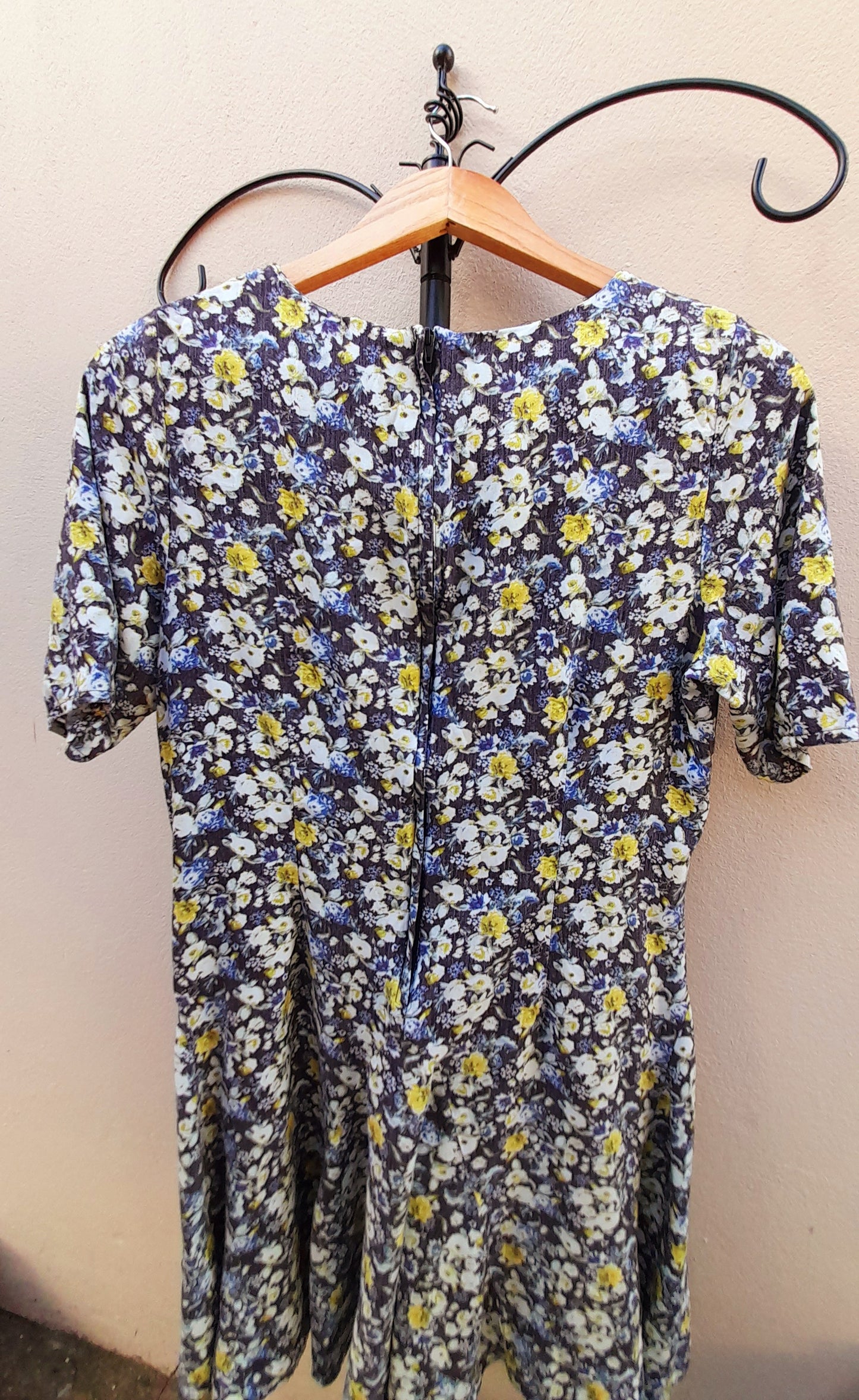 Navy Yellow Rose Print Vintage Viscose Fit & Flare Midi Dress
