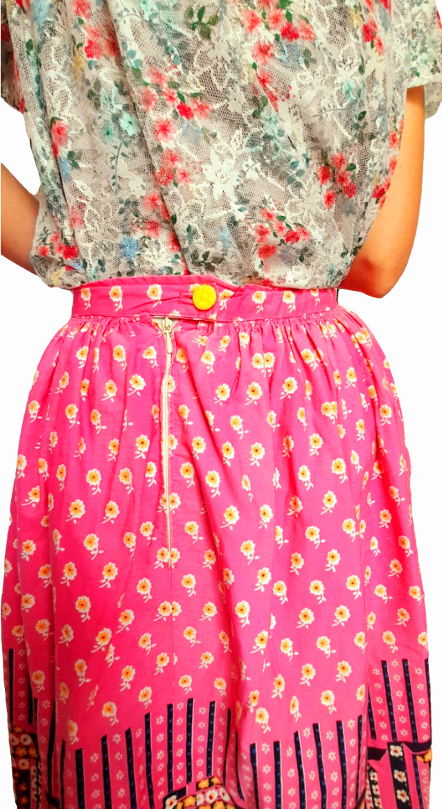 Vintage 1950s Pink Floral Patchwork Quilt Print Cotton Midi Skirt