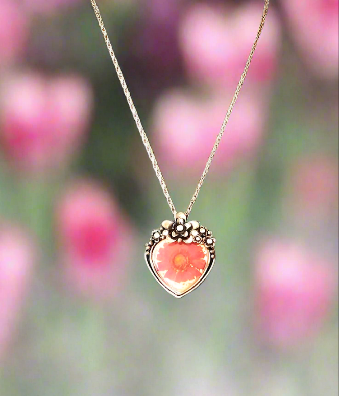 Antique Silver Real Flower Rhinestone Heart Pendant