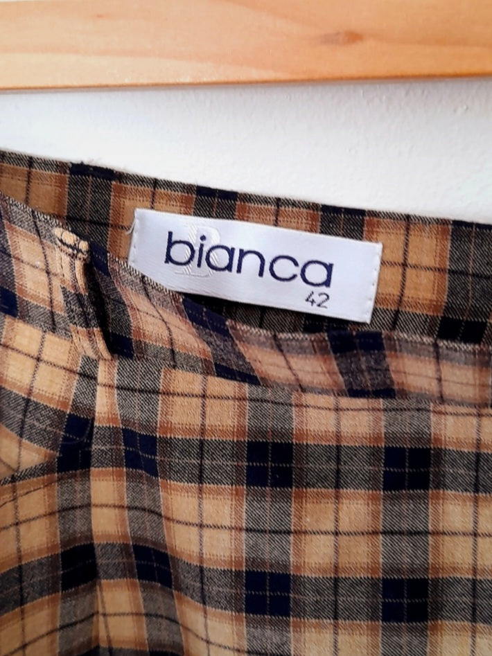 Vintage 90s Bianca Tan Black Check Plaid Wool Blend Skirt