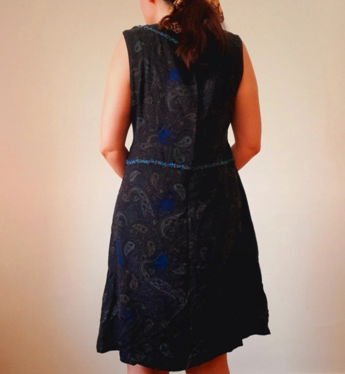 Vintage 70s Black Paisley Button Shift Dress