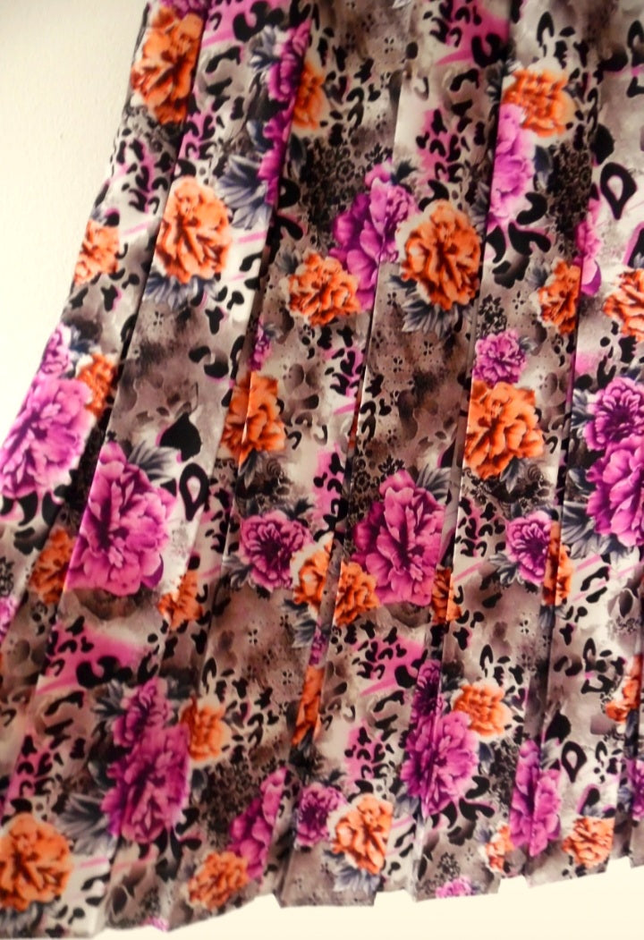 Vintage 80s Pink Orange Grey Rose Print Pleated Midi Skirt