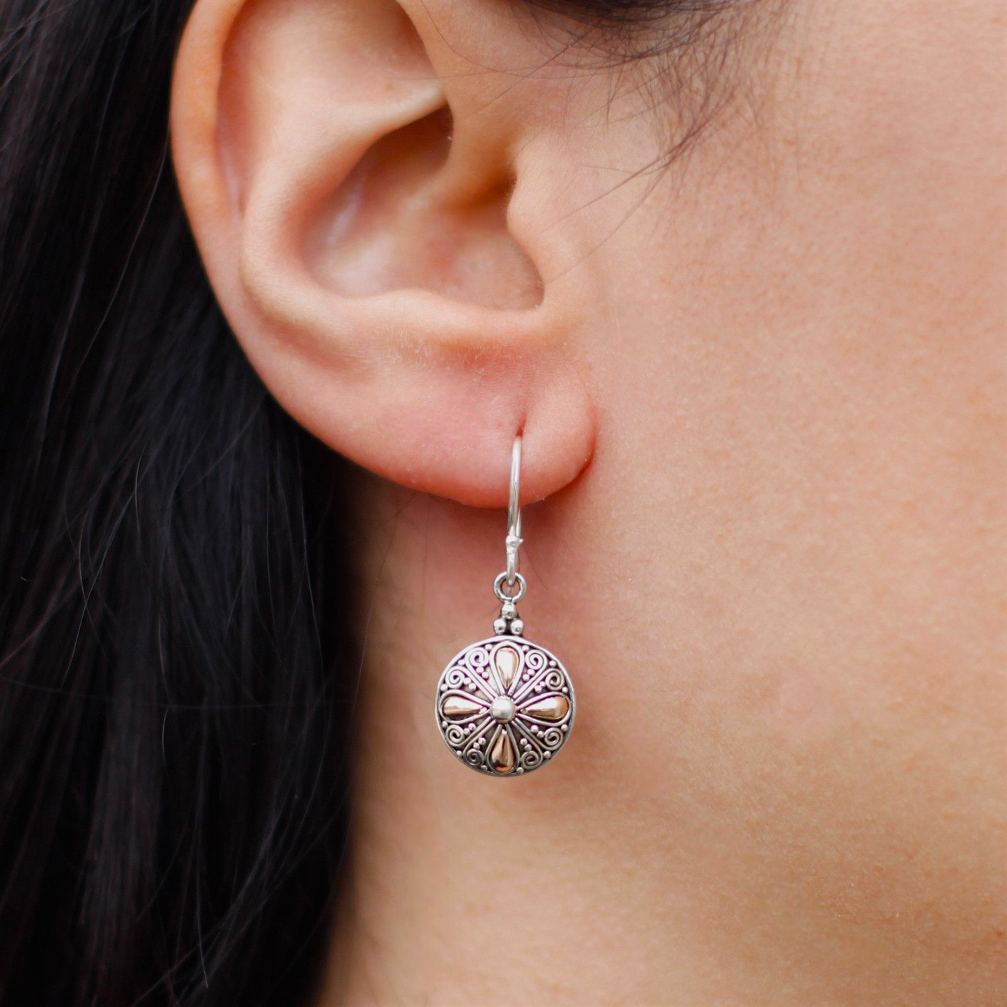 Silver & Gold Round Flower Earrings