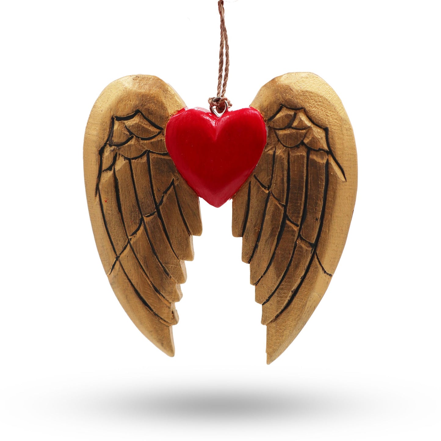 Angel Wings Heart Rustic Carved Wood Ornament - Black