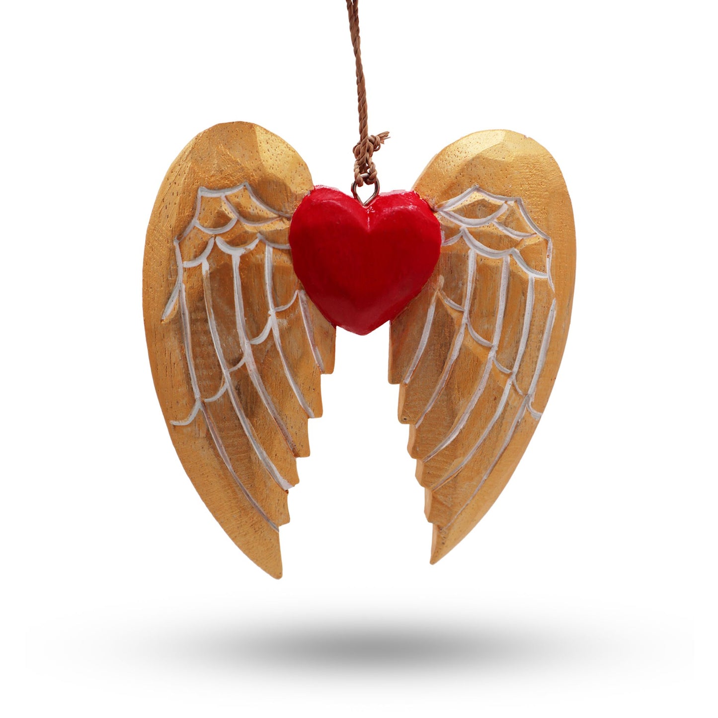 Angel Wings Heart Rustic Carved Wood Ornament - White