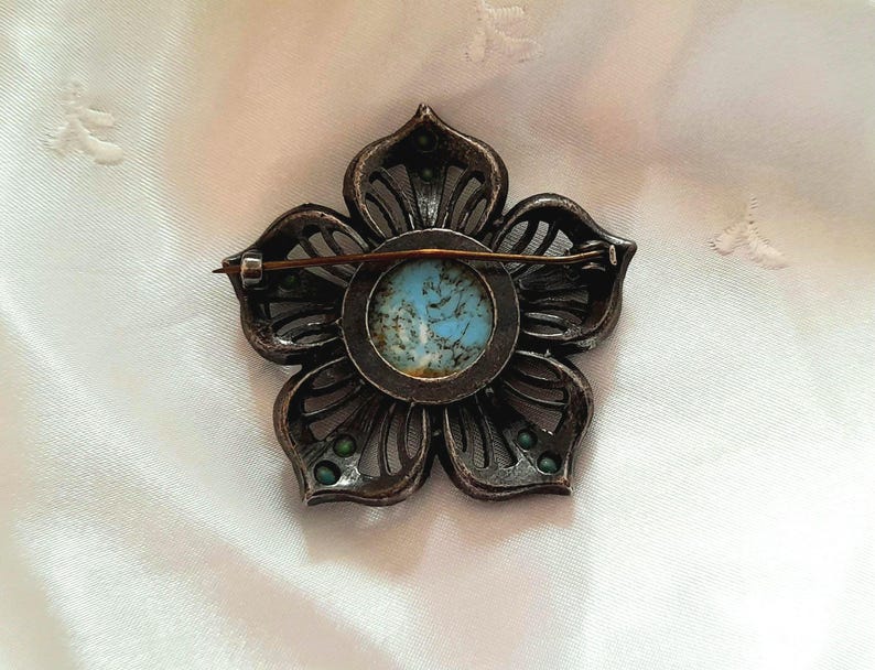 Turquoise Peking Glass Bronze Flower Brooch