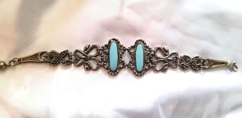 Silver Turquoise Vintage 70s Flower Serpent Hinged Bracelet