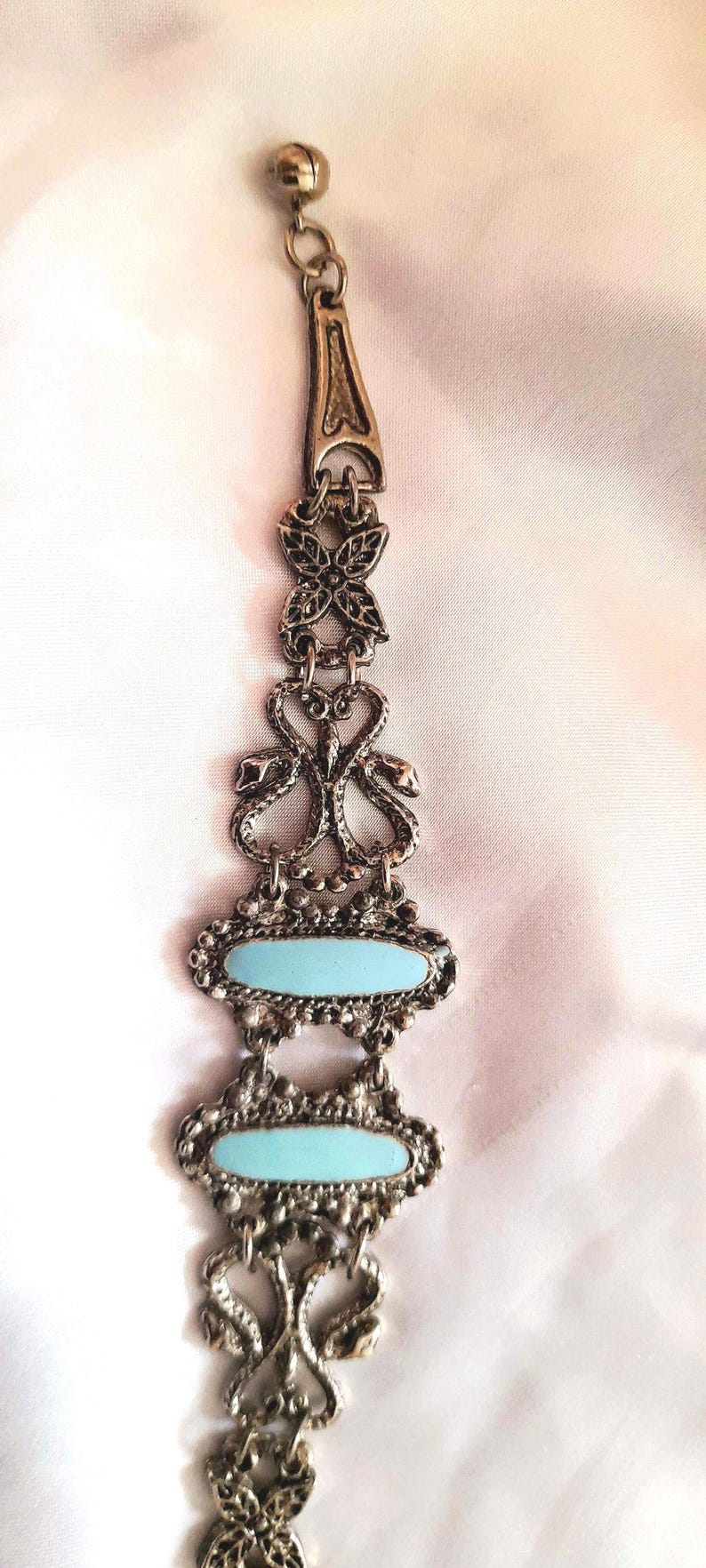 Silver Turquoise Vintage 70s Flower Serpent Hinged Bracelet