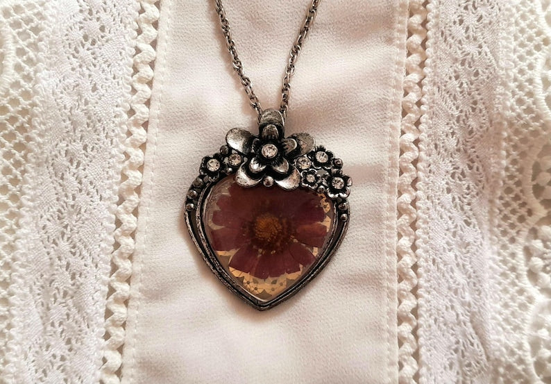 Antique Silver Real Flower Rhinestone Heart Pendant