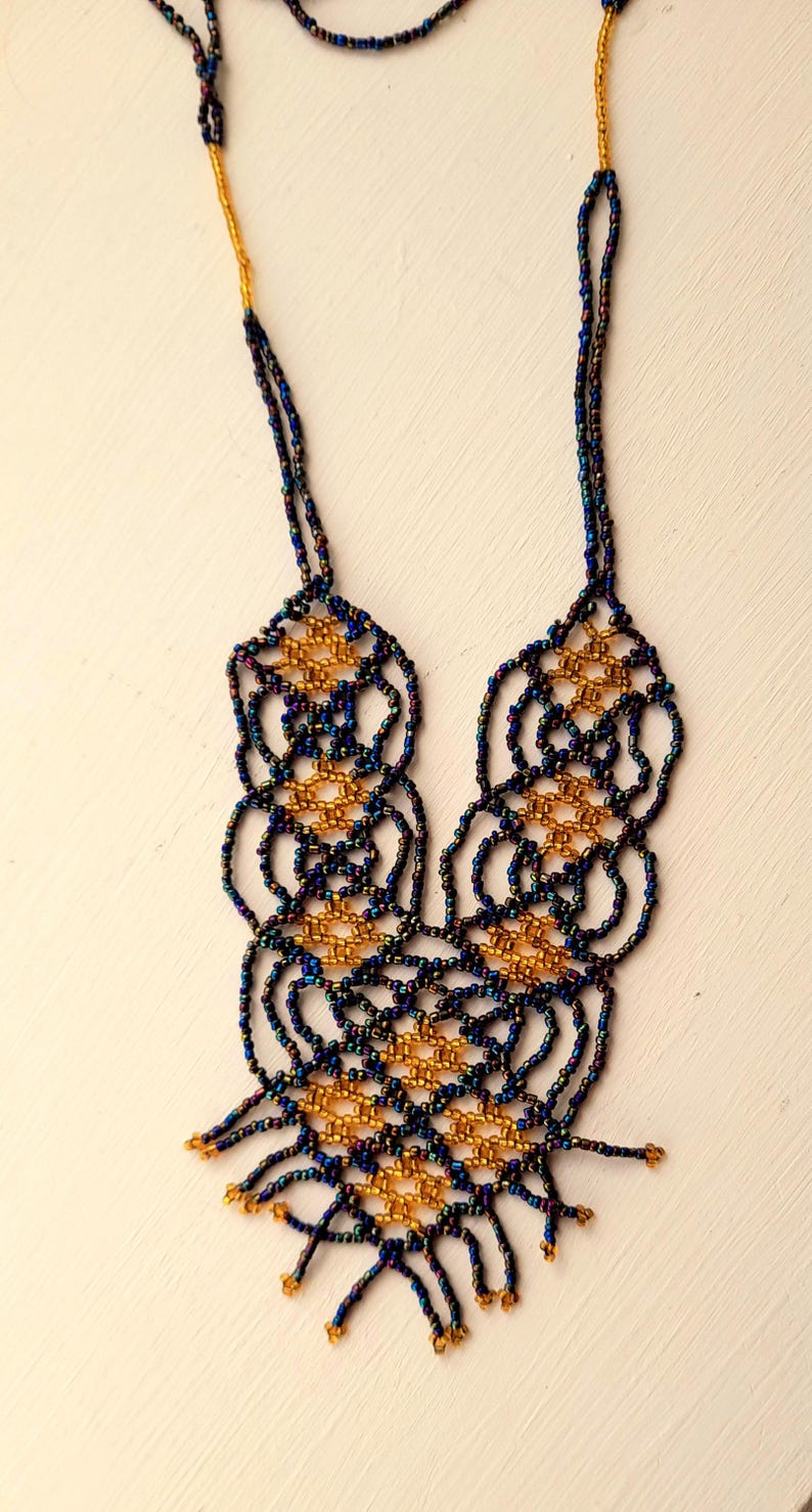 Vintage Glass Seed Bead Lattice Work Long Length Necklace