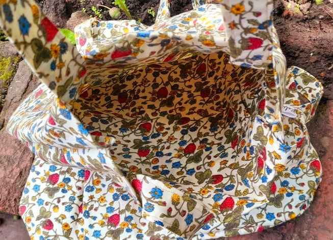 Strawberry Meadow Wildflower Vintage Fabric Tote