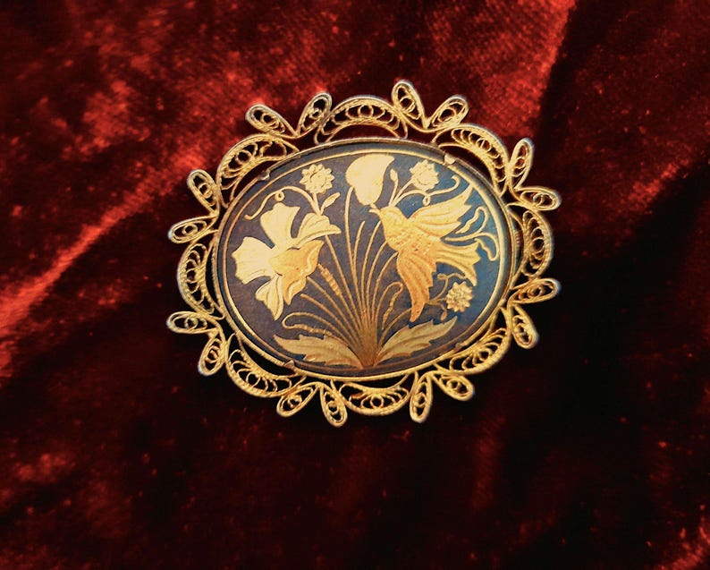 Damascene 1940s Bird & Flowers Gold Filigree Brooch