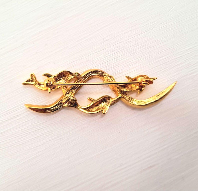 Dolphin Pod Waves Gold Rhinestone Vintage Brooch