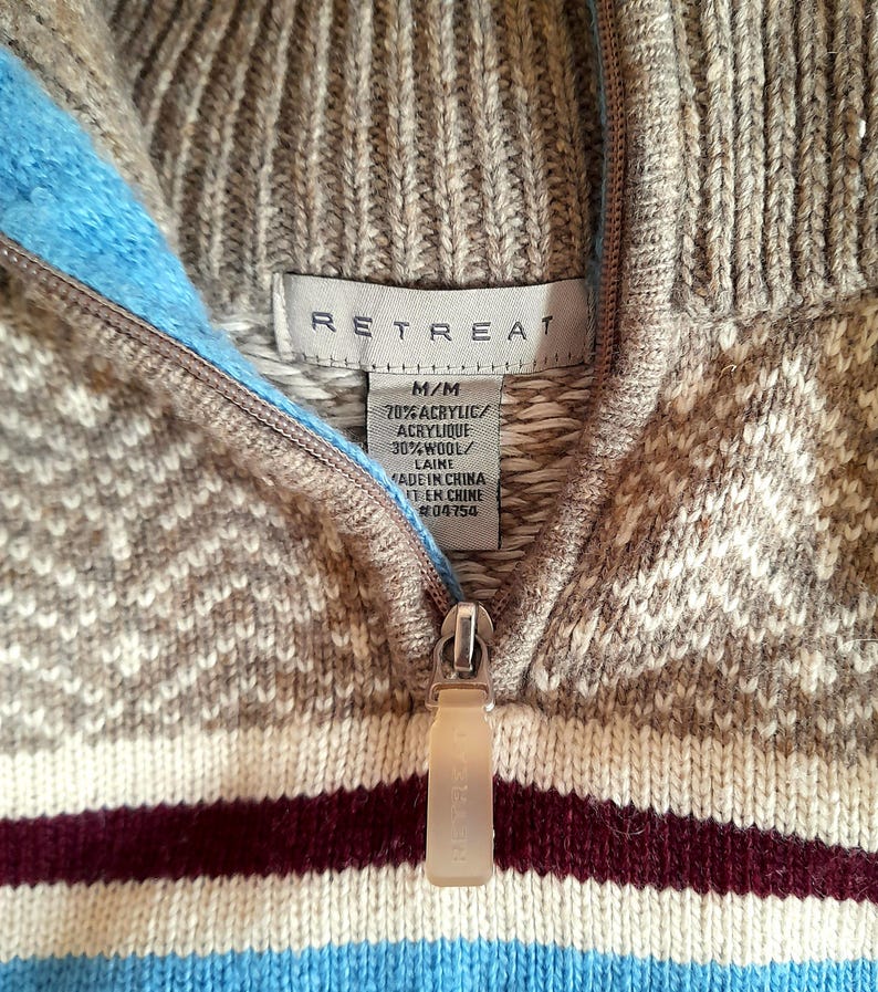 Vintage 90s RETREAT Oatmeal Icelandic Stripe Knit Quarter Zip Sweater