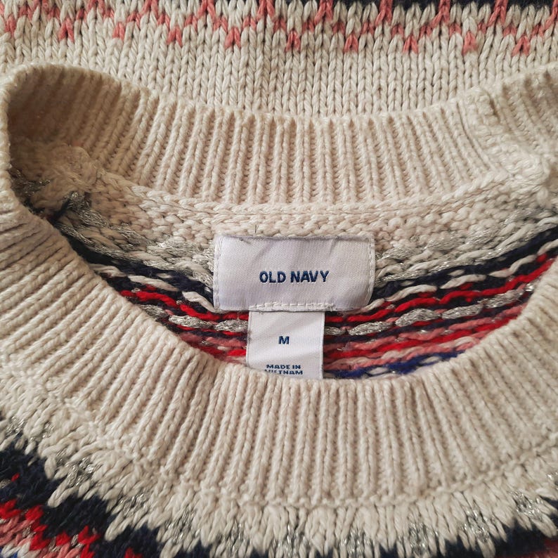Vintage OLD NAVY Cream Pink Red Blue Silver Sparkly Fairisle Jumper