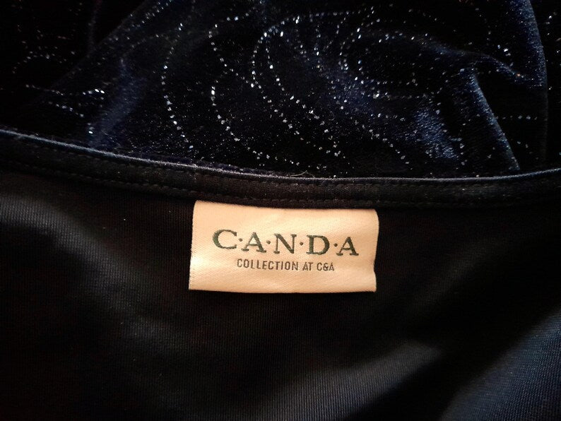 Vintage 90s CANDA C&A Deep Blue Sparkly Rose Print Velvet Tunic Style Top