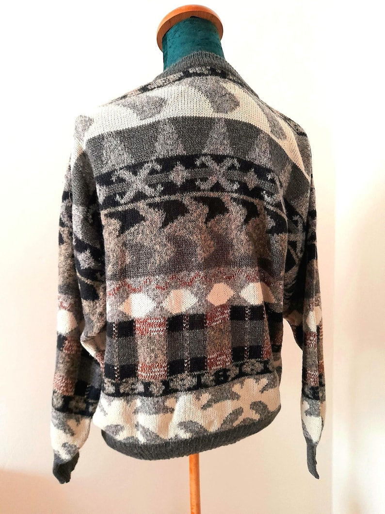 Vintage 90s WINGS Grey Black Brown Cream Geometric Aztec Knit V Neck Mens Unisex Jumper