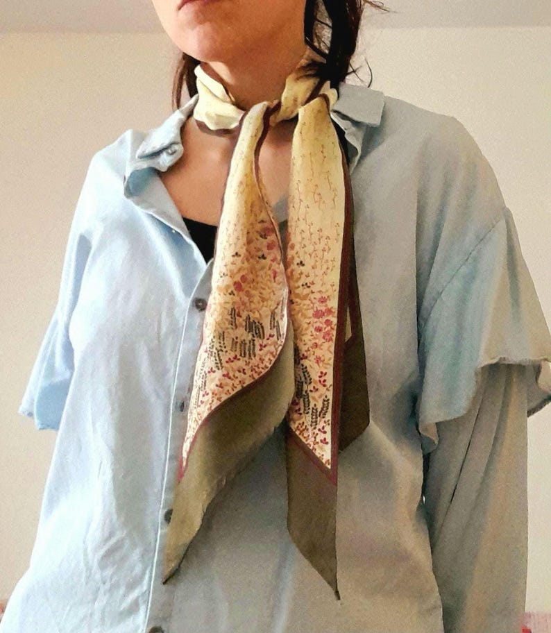 Vintage 1970s Cream Brown Pink Wildflower Print Chiffon Scarf