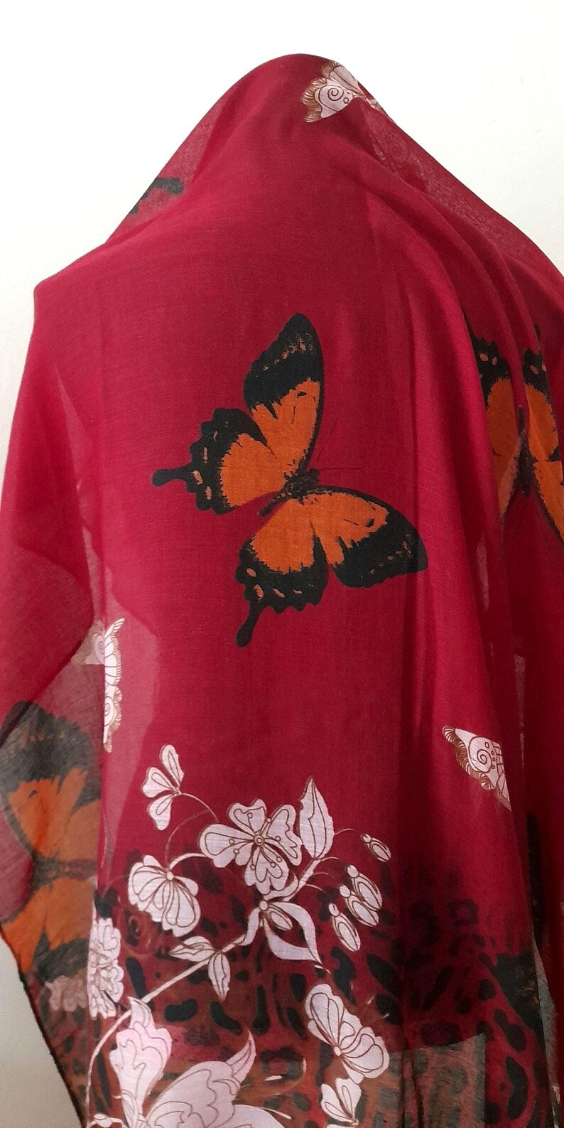 Red Orange Pink Butterfly Flower Leopard Print Sheer Viscose Chiffon Large Vintage Shawl Scarf