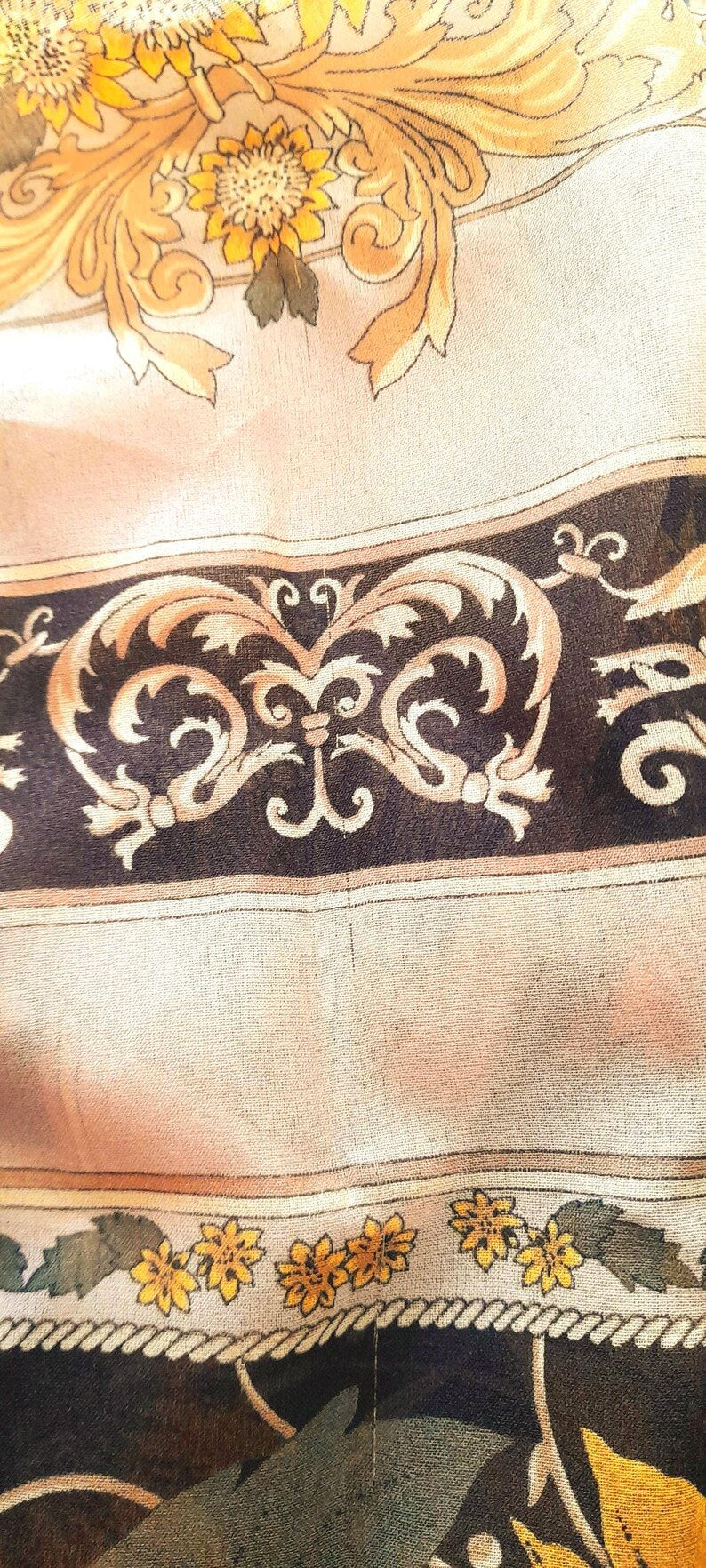 Vintage Sunflower Print Beige Black Square Chiffon Scarf