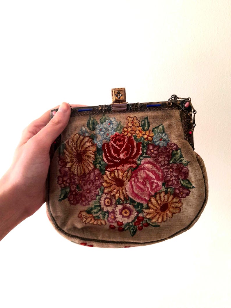 Antique 1930s Tapestry Needlepoint Flower Bag