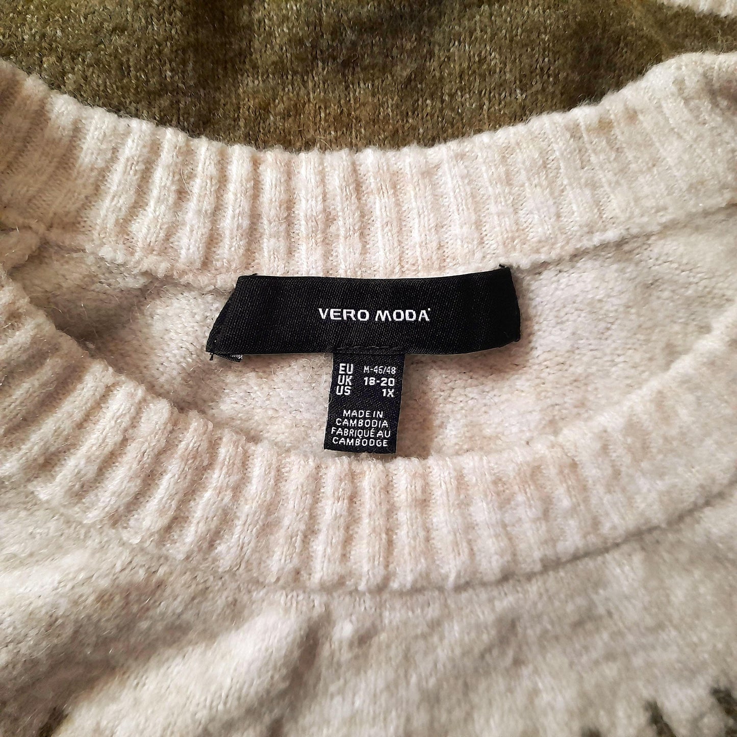 Vintage VERO MODA Olive Green Cream Grey Fairisle Knit Jumper