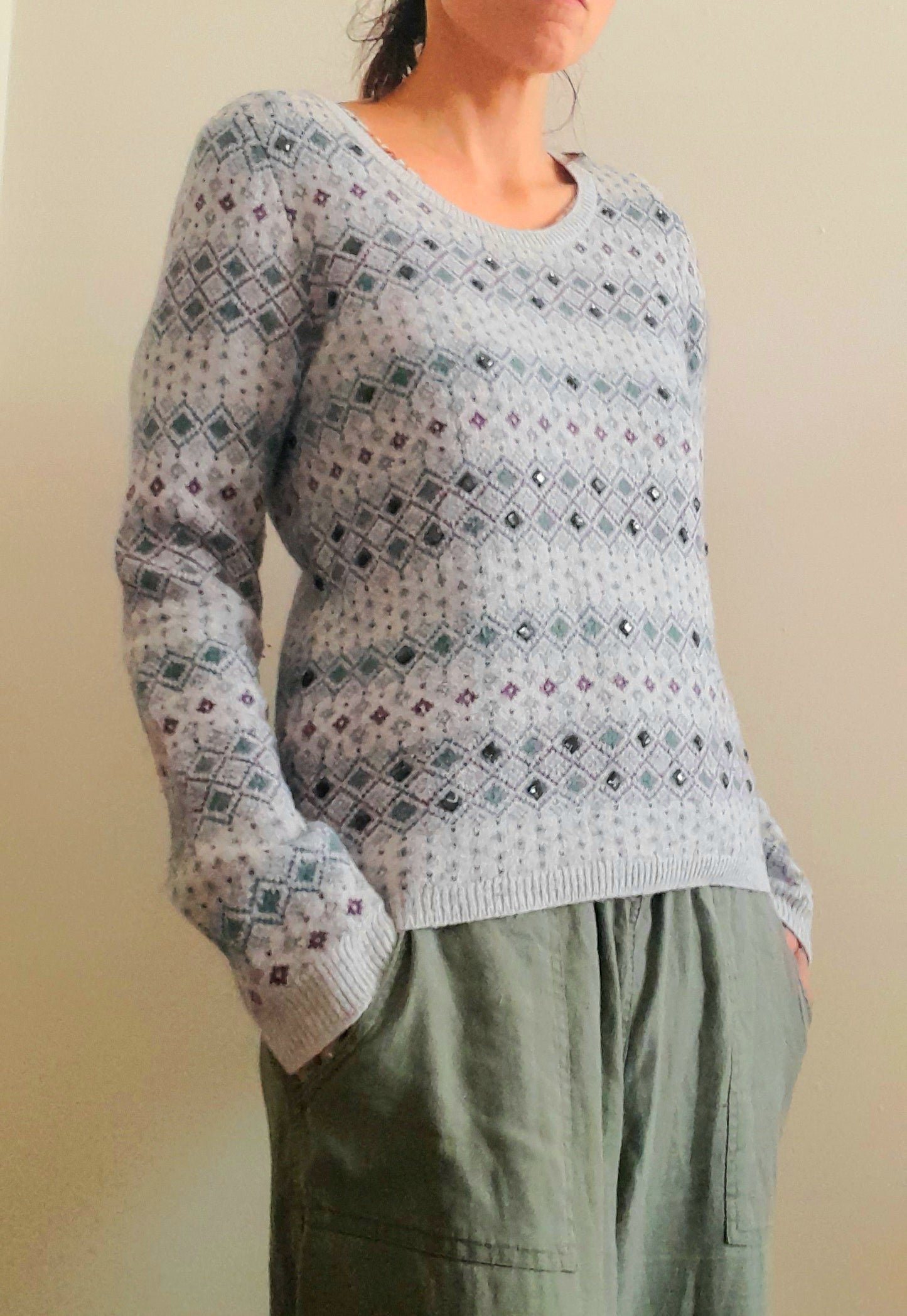 Vintage Y2K INDIGO Grey Diamond Rhinestone Knit Jumper