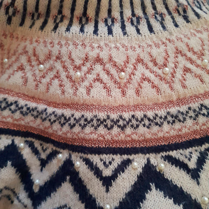 Vintage Y2K Cream Navy Sparkly Pink Icelandic Knit Jumper