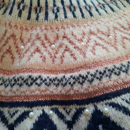 Vintage Y2K Cream Navy Sparkly Pink Icelandic Knit Jumper