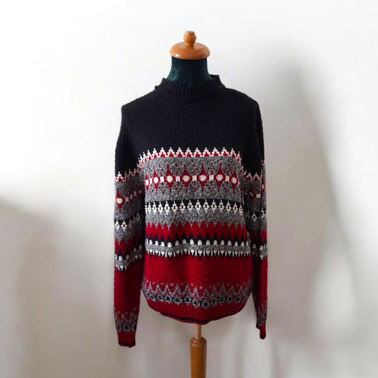 Vintage JANTZEN Black & Red Geometric Knit Jumper