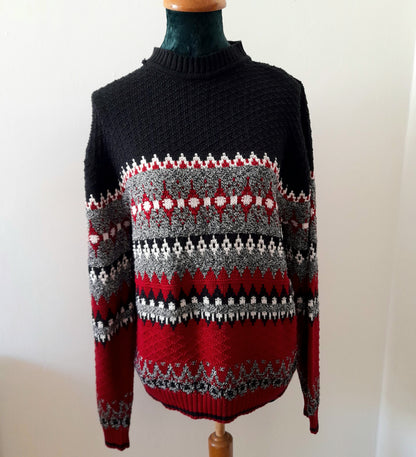 Vintage JANTZEN Black & Red Geometric Knit Jumper