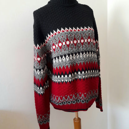 Vintage JANTZEN Black & Red Geometric Knit Jumper