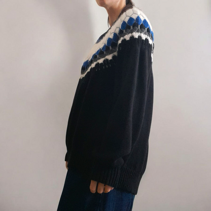 Vintage 90s Black Grey White Blue Embroidered Collar Jumper