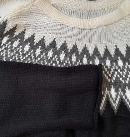 Vintage Y2K Black Cream Grey Raw Edge Fairisle Jumper