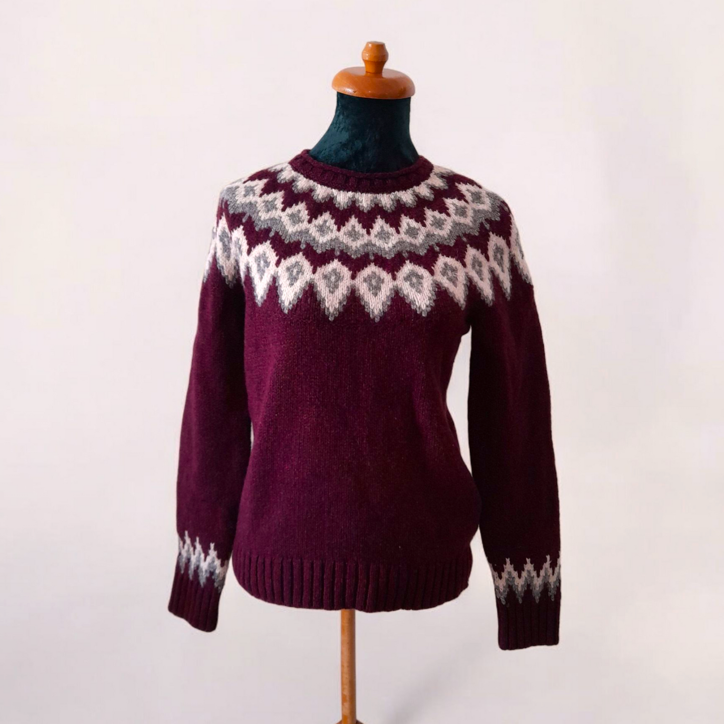 Vintage LL BEAN Maroon White Grey Fairisle Knit Wool Jumper