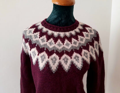 Vintage LL BEAN Maroon White Grey Fairisle Knit Wool Jumper