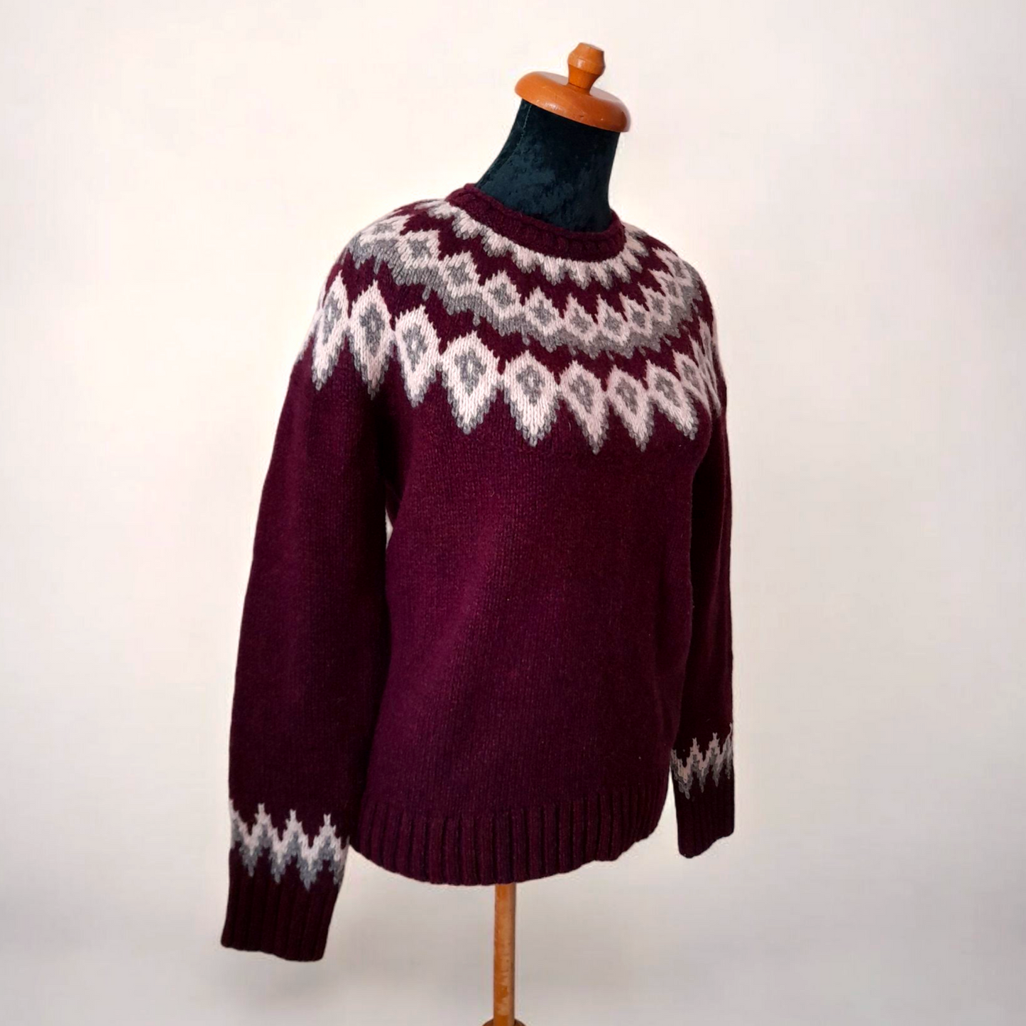 Vintage LL BEAN Maroon White Grey Fairisle Knit Wool Jumper