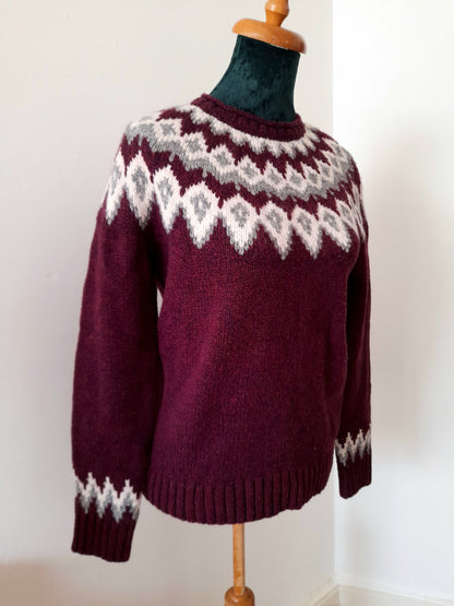 Vintage LL BEAN Maroon White Grey Fairisle Knit Wool Jumper