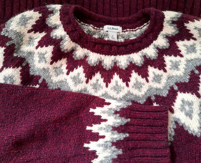 Vintage LL BEAN Maroon White Grey Fairisle Knit Wool Jumper
