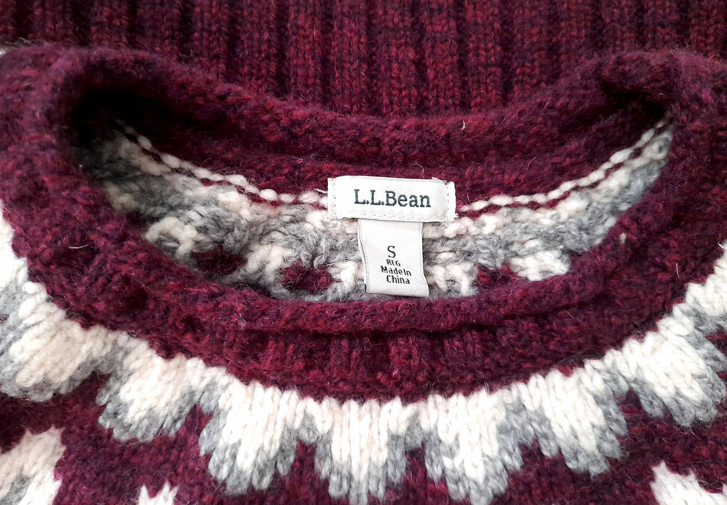 Vintage LL BEAN Maroon White Grey Fairisle Knit Wool Jumper