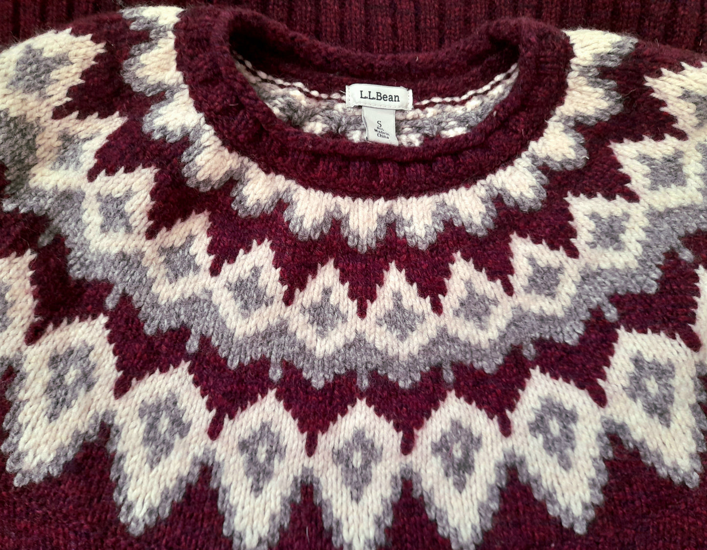 Vintage LL BEAN Maroon White Grey Fairisle Knit Wool Jumper