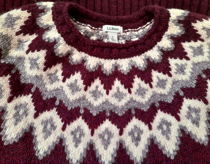 Vintage LL BEAN Maroon White Grey Fairisle Knit Wool Jumper