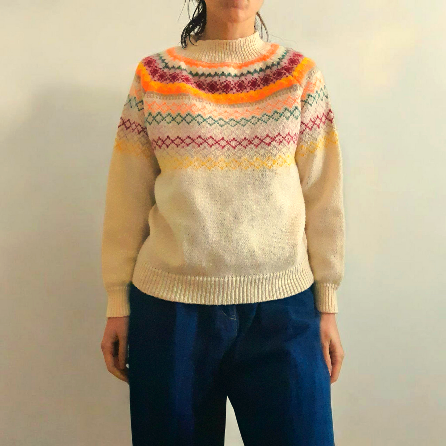 Beige Neon Orange Red Green Fairisle Knit Jumper