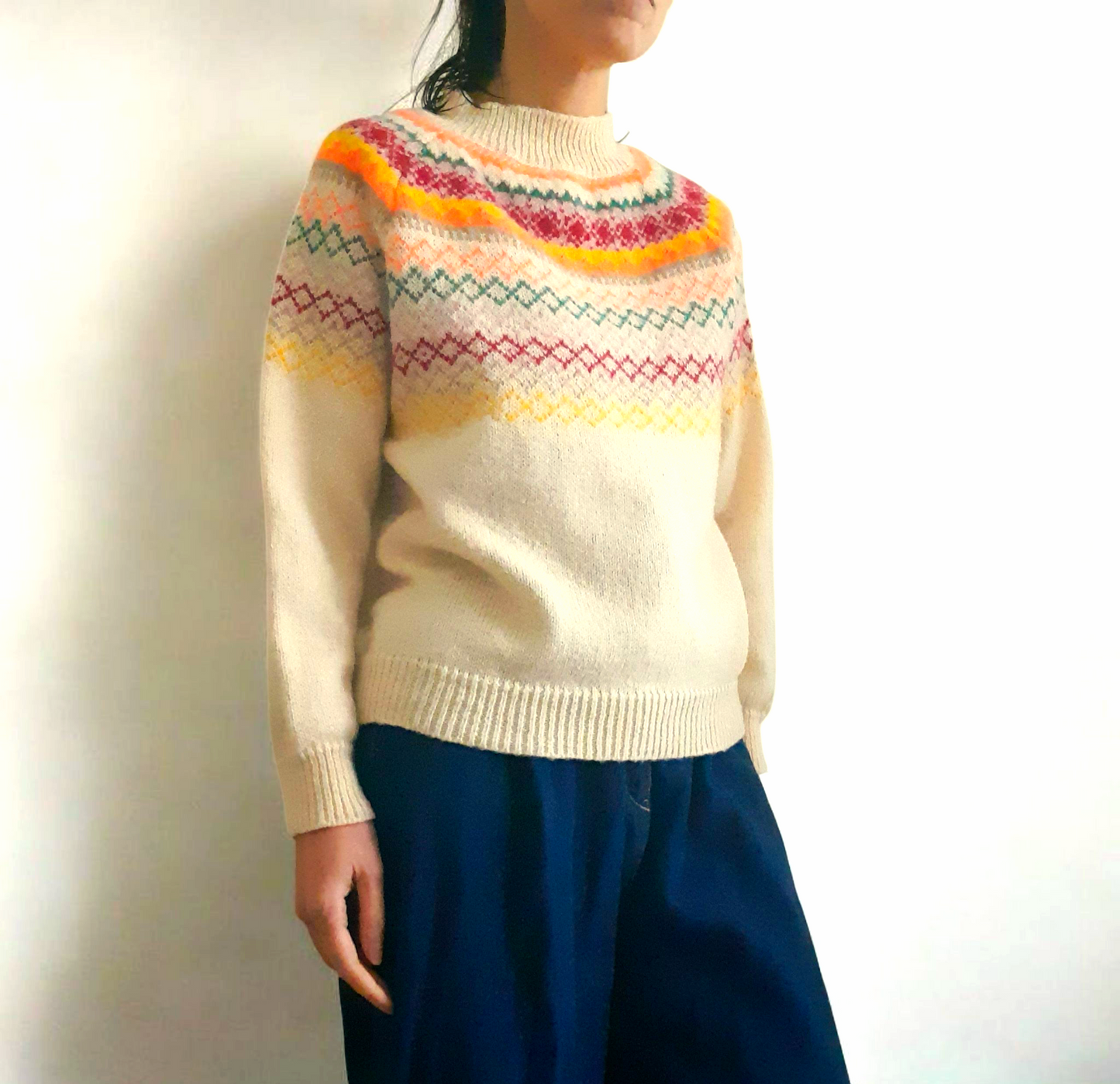Beige Neon Orange Red Green Fairisle Knit Jumper