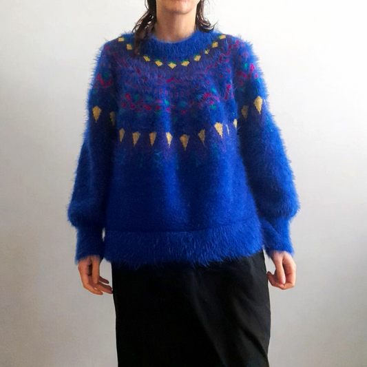 Vintage 80s Retro TIME & TRU Fairisle Electric Blue Sparkly Fluffy Eyelash Jumper