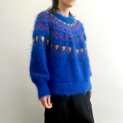 Vintage 80s Retro TIME & TRU Fairisle Electric Blue Sparkly Fluffy Eyelash Jumper